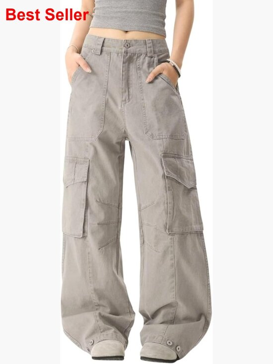 Pants - Cotton Polycotton Cargo Pants High Waisted Baggy Wide Leg